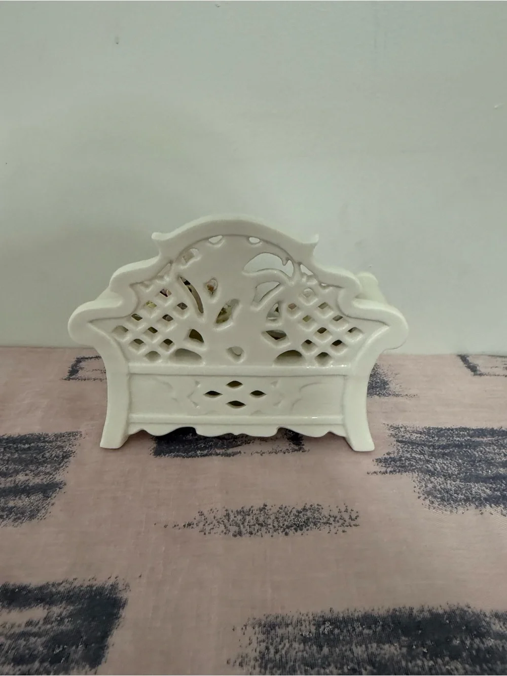 Vintage Style Porcelain Garden Bench Figurine with Flowers, Hat & Basket